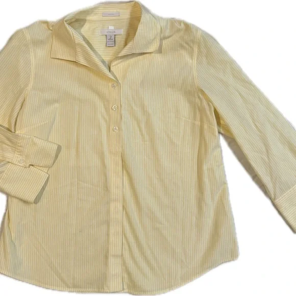 Chico's Striped Butter Yellow Button Down Shirt Sz 2 - Picture 1 of 11